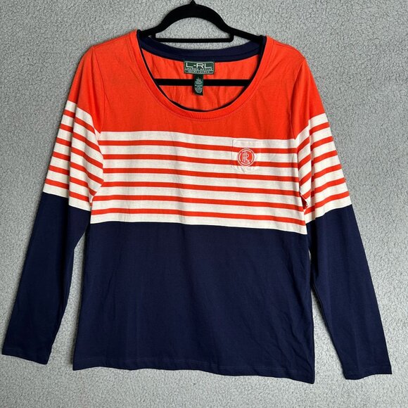 Ralph Lauren Active Preppy Stripe Top Navy‎ Orange Large Y2K - Picture 1 of 8